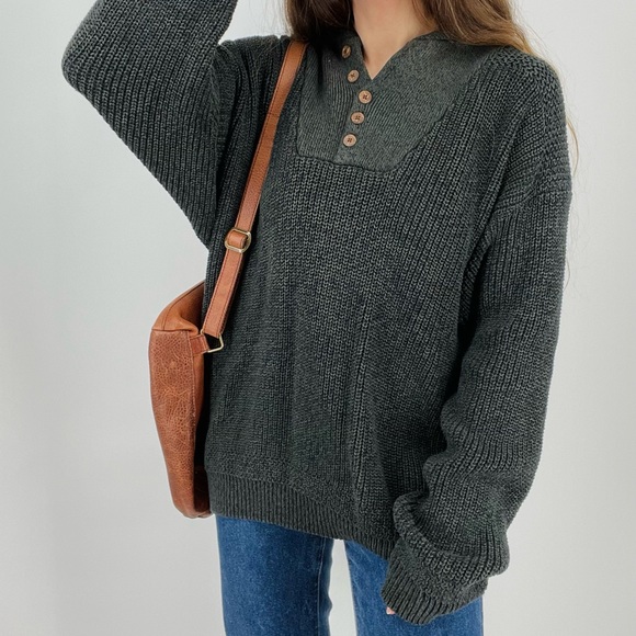 Vintage Other - SOLD vtg oversized henley slouchy knit sweater in heathered forest green size L